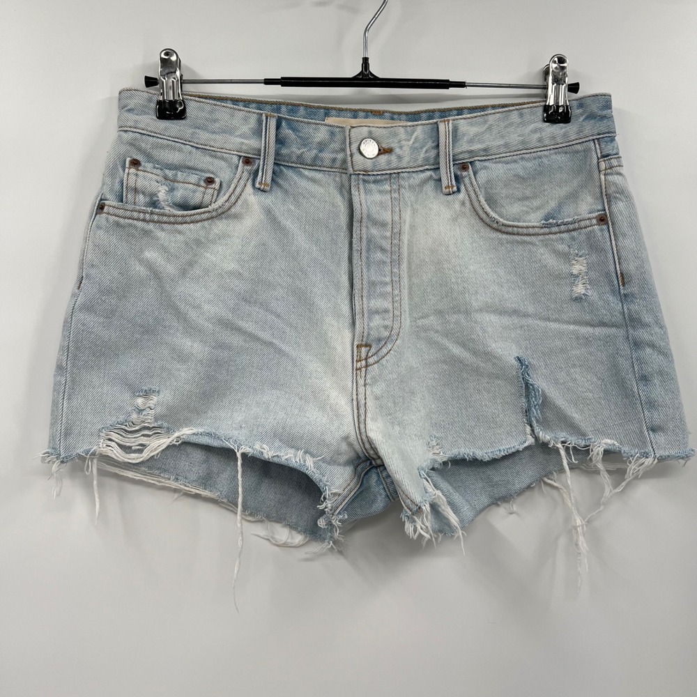 GRLFRND 28 Denim Shorts W Light Blue Distressed Frayed Hem High Rise Button Fly‎